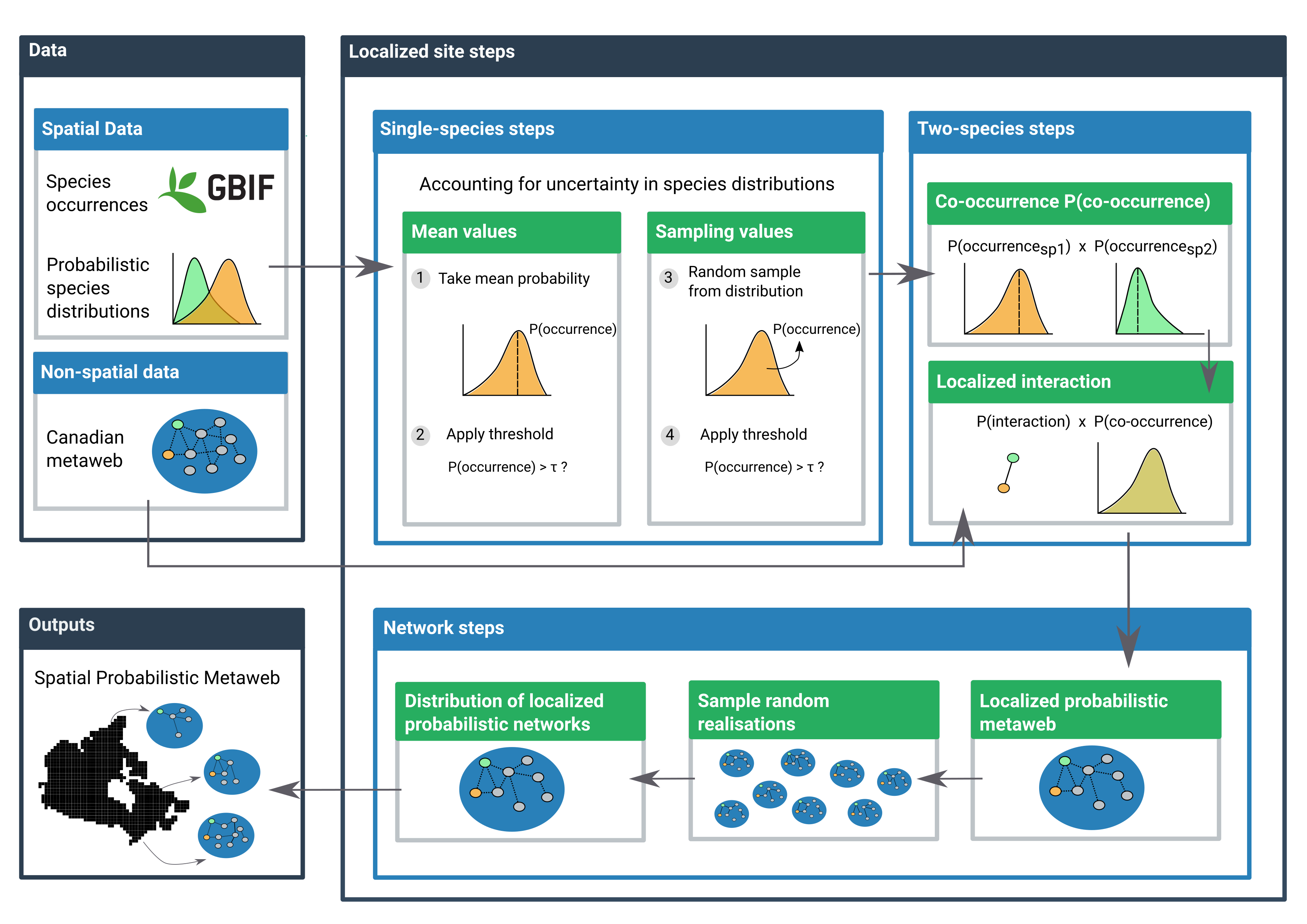 Figure 1: Conceptual figure of the proposed workflow used to downscale the probabilistic metaweb in space. The workflow has three components: the data, the localized steps, and the final spatial output. The data are composed of spatial data (with information in every cell) and non-spatial data (constant for all of Canada). The localized steps use these data and are performed separately in every cell, first at a single-species level (using distribution data), then for every species pair (adding interaction data from the metaweb), and finally at the network level by combining the results of all species pairs. The final output of the network-level steps contains a downscaled probabilistic metaweb for every cell across the study extent. Note that in order to mitigate some of the fine-scale grain in the data, we present most outputs at the ecoregion scale, with pixel-scale maps in supplementary material.