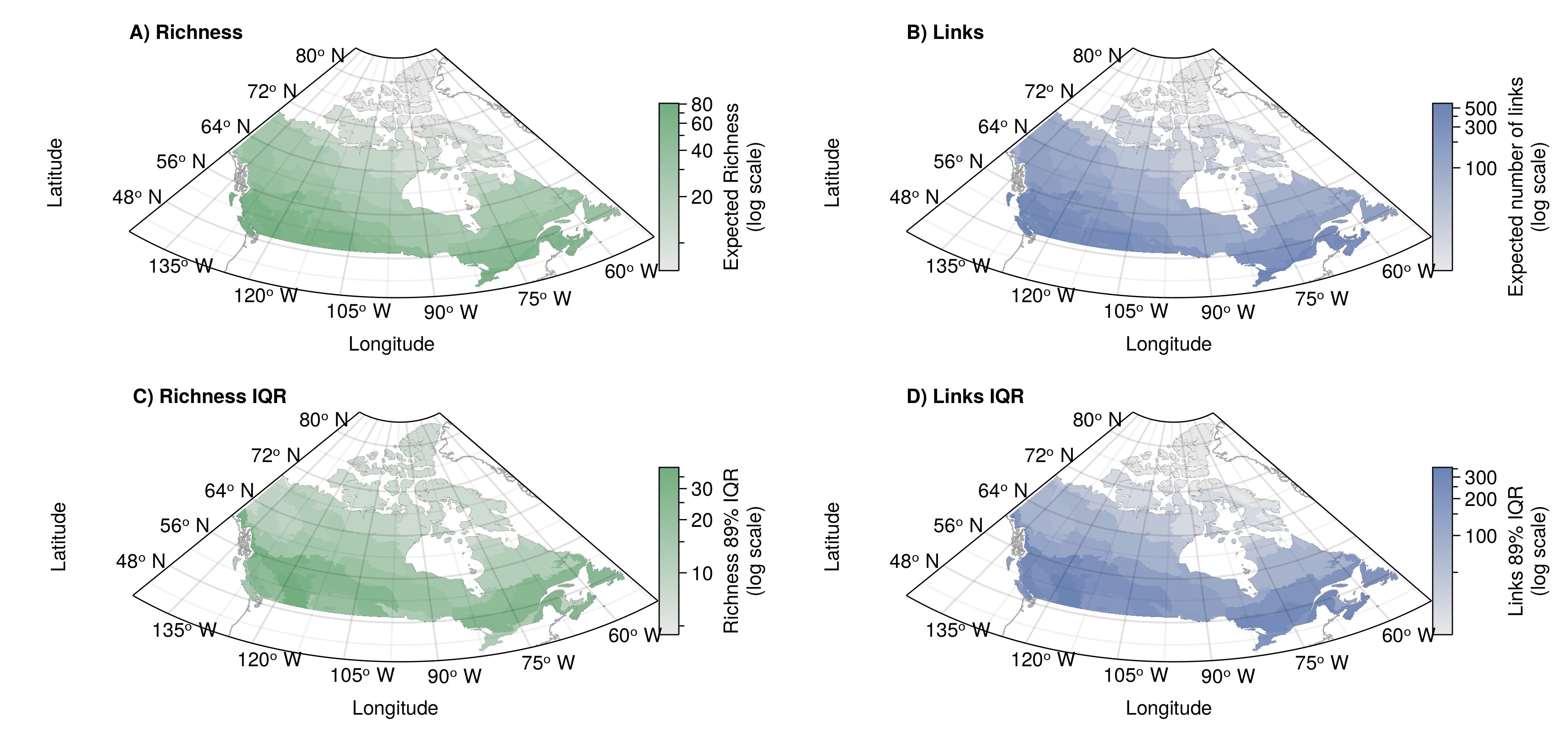 Figure 2: (A-B) Example of a community measure (A, expected species richness) and a network one (B, expected number of links). Both measures are assembled from the predicted probabilistic communities and networks, respectively. Values are first measured separately for all sites; then, the median value within each ecoregion was taken to represent the ecoregion-level value. (C-D) Representation of the 89% interquantile range of values within the ecoregion for expected richness (C) and expected number of links (D). All colour bars follow a log scale with tick marks representing even intervals. Real values (non-log transformed) are shown beside major tick marks while minor ticks represent half increments.