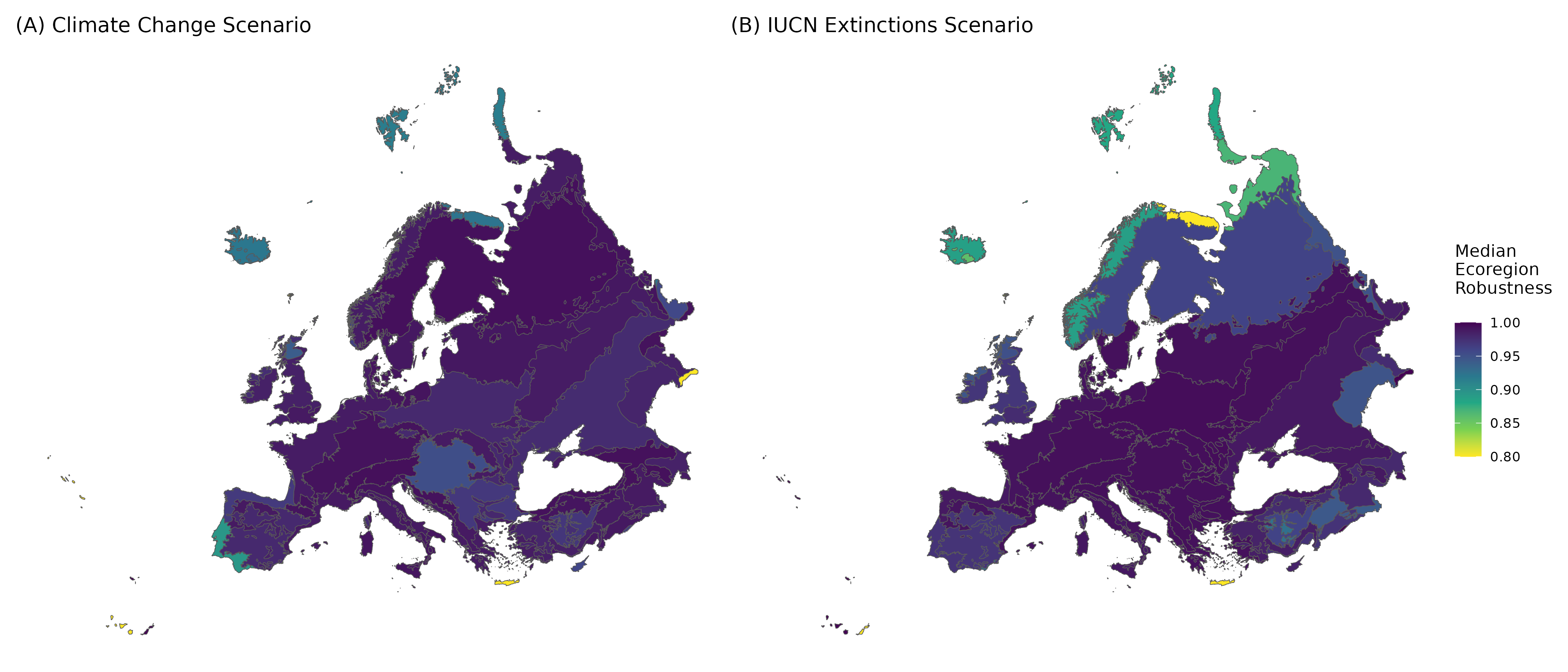 Figure 2: Robustness of European vertebrate networks to disturbance scenarios per ecoregion. Extreme scenarios of climate change and of species extinctions can be used to explore (lower) boundaries of network robustness and identify areas where we may expect a high number of cascading (secondary) extinctions and, consequently, larger disruptions to ecosystem functioning and services. Lower limit was set to 0.80 for illustration purposes.